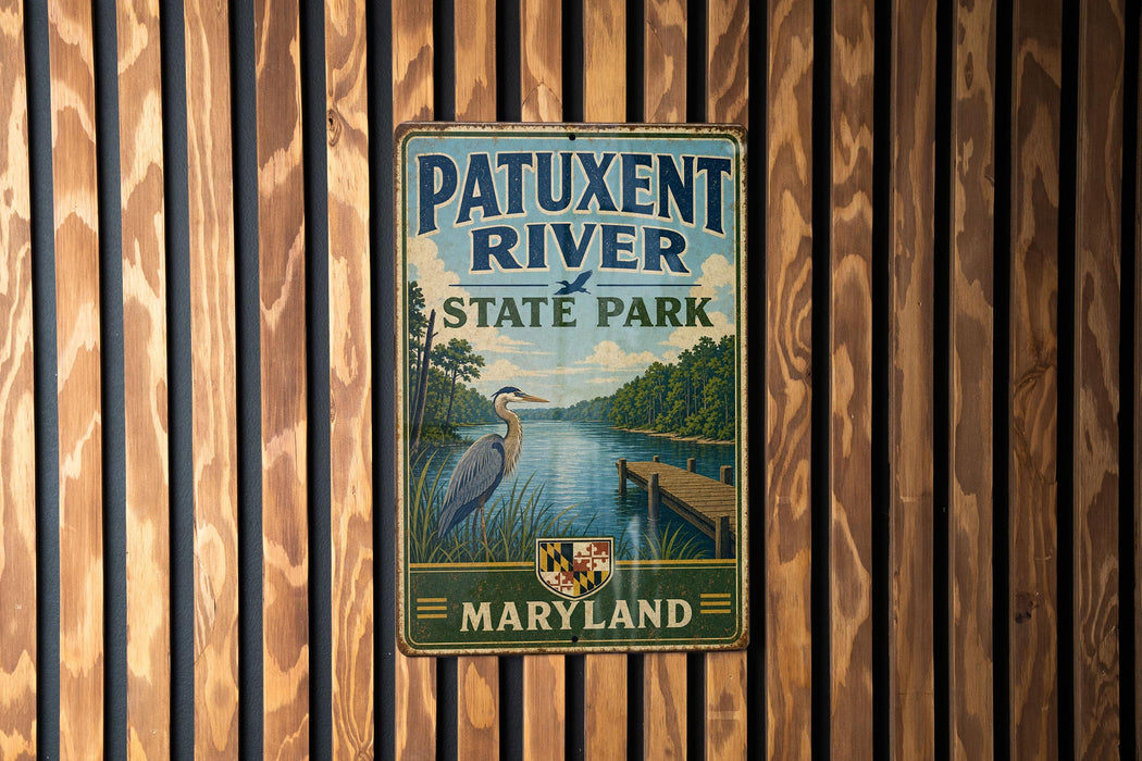A vintage metal sign for Patuxent River State Park in Maryland, featuring an illustration of a heron and a wooden dock.