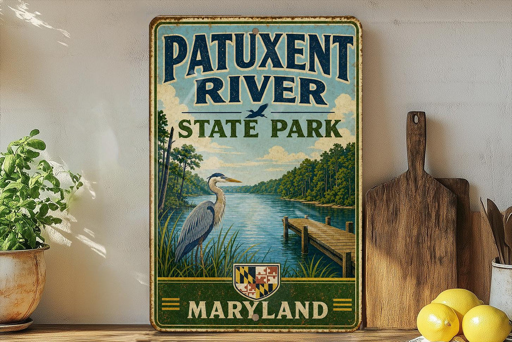 A vintage-style metal sign for Patuxent River State Park in Maryland, featuring an illustration of a heron and a wooden dock on a river.