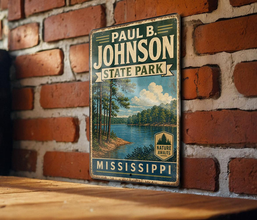 A vintage metal sign for Paul B. Johnson State Park in Mississippi, featuring a scenic landscape with a lake and trees.