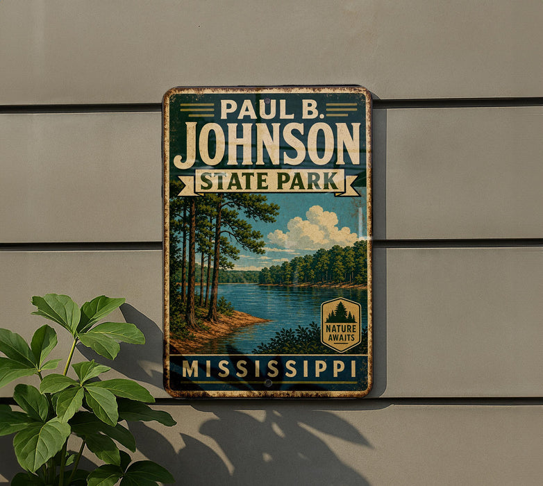 A vintage-style metal sign for Paul B. Johnson State Park in Mississippi, featuring a scenic landscape with pine trees, a lake, and a cloudy sky.