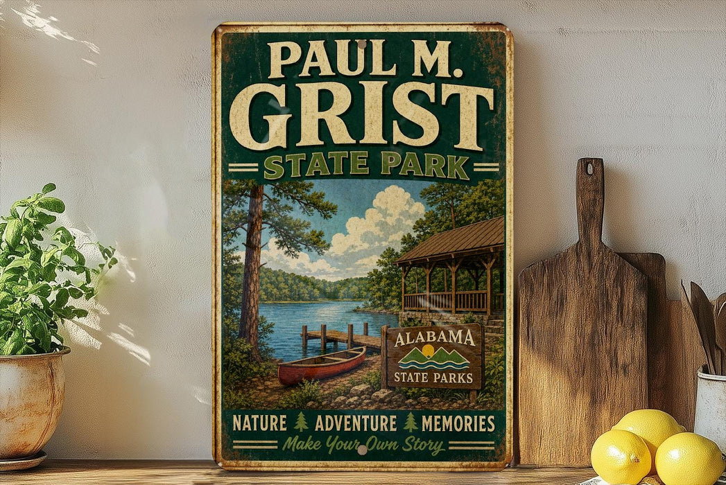 A vintage-style sign for Paul M. Grist State Park, featuring a scenic illustration of a lake, cabin, and mountains.