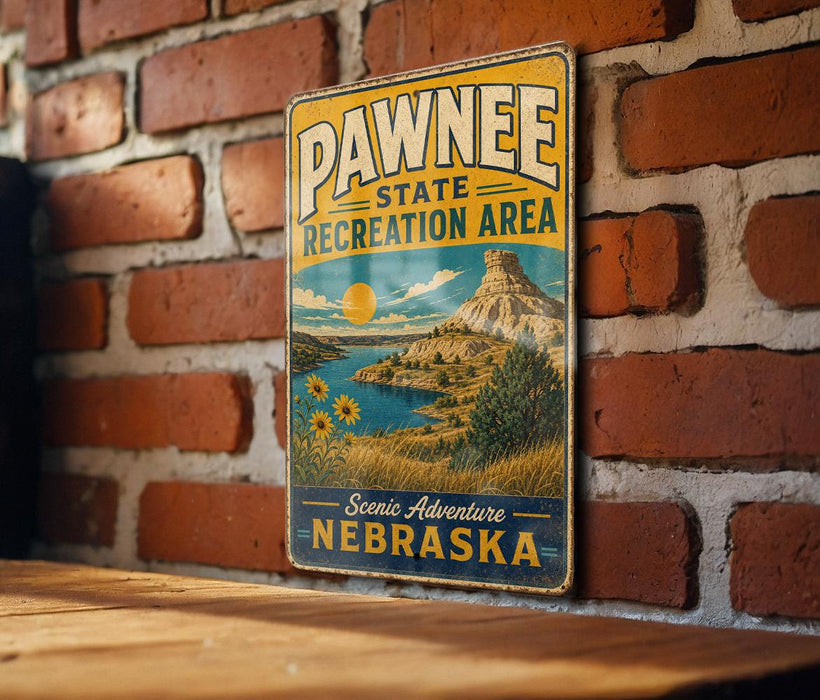 A vintage-style metal sign for the Pawnee State Recreation Area in Nebraska, featuring a scenic landscape with mountains, a lake, and sunflowers.