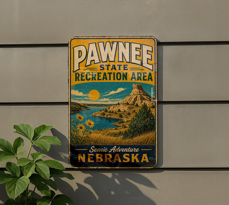 A vintage metal sign for the Pawnee State Recreation Area in Nebraska, featuring a scenic landscape with mountains, a river, and sunflowers.