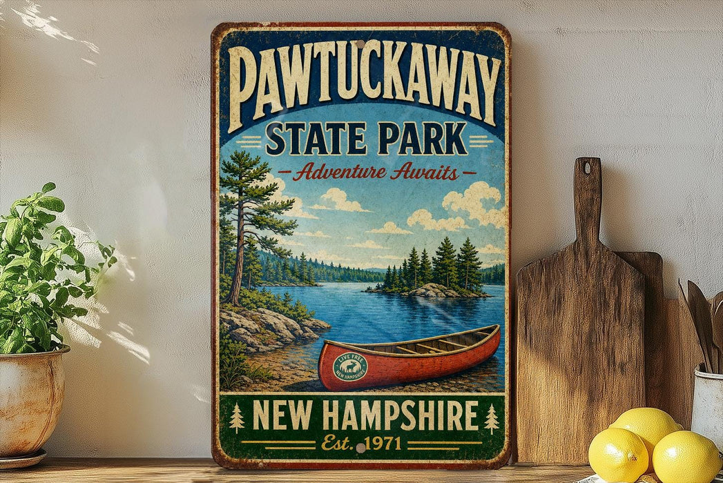 A vintage-style sign for Pawtuckaway State Park, featuring a canoe and a scenic landscape, is displayed on a shelf next to a wooden cutting board and some lemons.