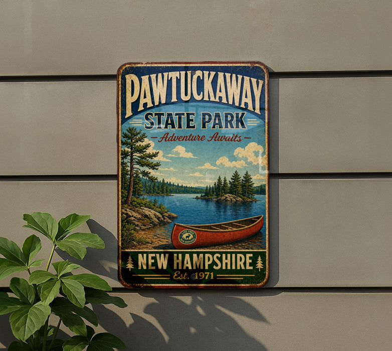 A vintage metal sign for Pawtuckaway State Park, featuring a canoe and a scenic landscape, is displayed on a wall.