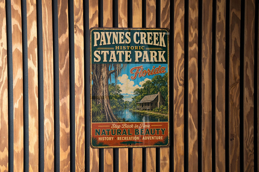 A vintage-style metal sign for Paynes Creek Historic State Park in Florida, featuring a scenic illustration of a river, trees, and a cabin.