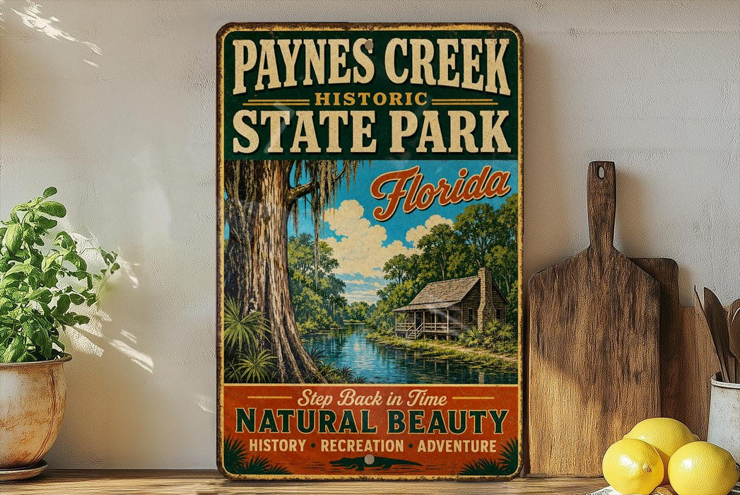 A vintage-style metal sign for Paynes Creek Historic State Park in Florida, featuring a scenic illustration of a river, trees, and a cabin.