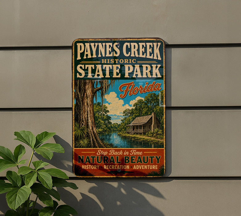 A vintage-style sign for Paynes Creek Historic State Park in Florida, featuring a scenic illustration of a river, trees, and a cabin.