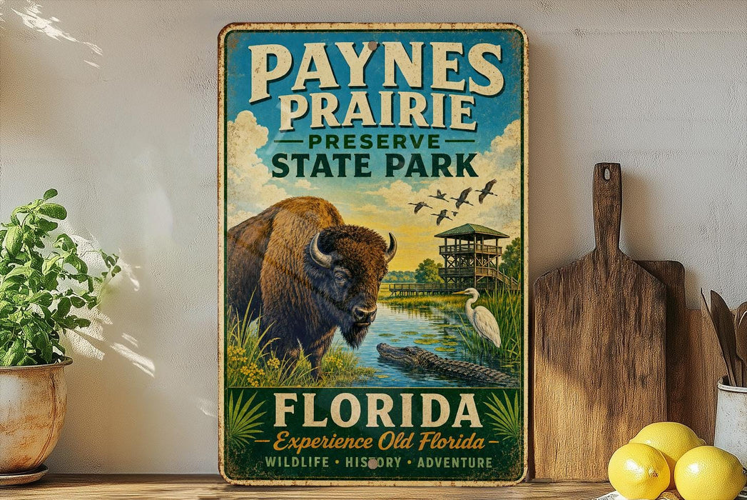 A vintage-style sign for the Payne Prairie Preserve State Park in Florida, featuring an illustration of a bison and various wildlife in a natural setting.