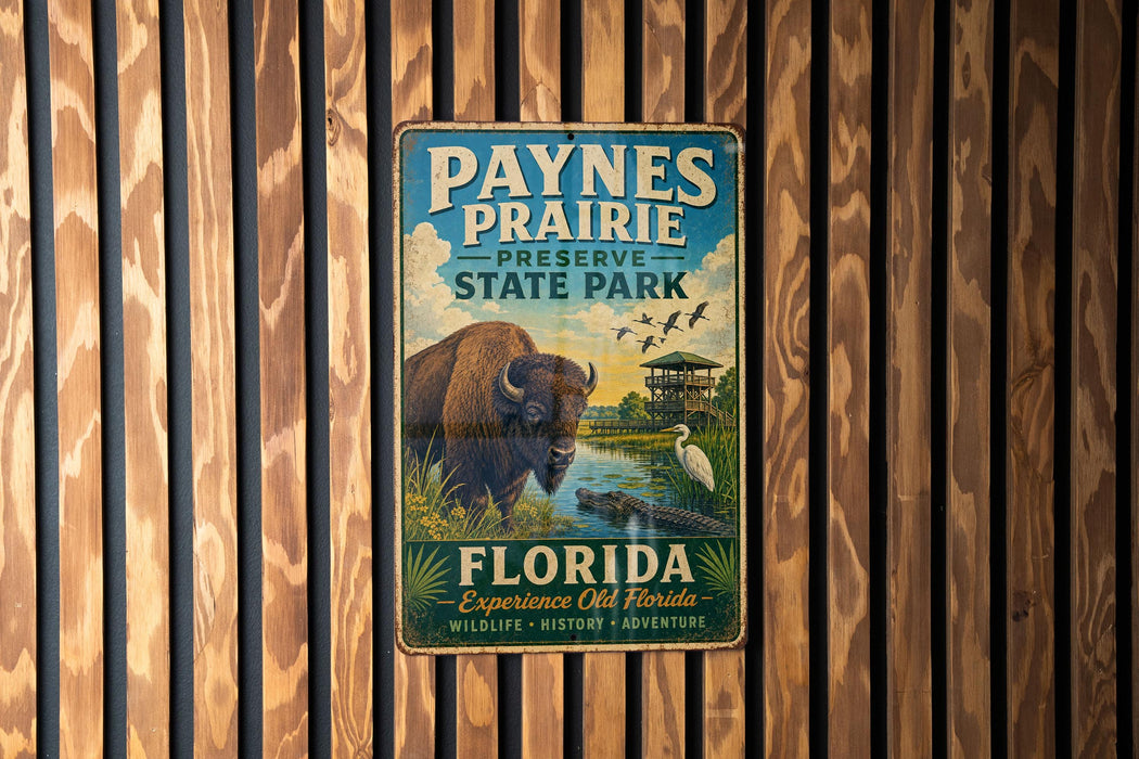 A vintage metal sign for Paynes Prairie Preserve State Park in Florida, featuring an illustration of a bison and various wildlife in a natural setting.