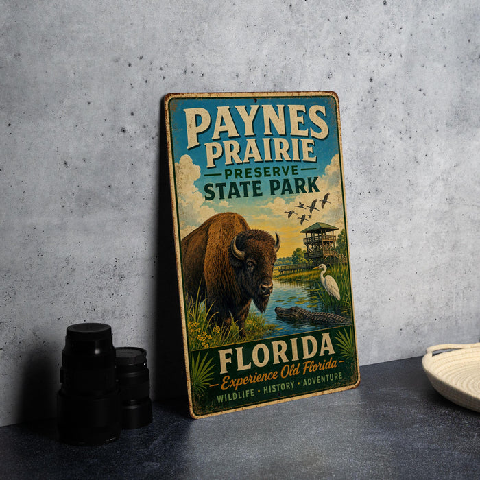 A vintage metal sign for the park, featuring an illustration of a bison and a bird, with text promoting the park's features and attractions.