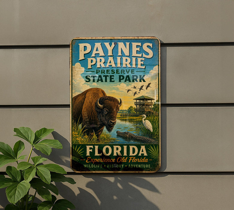 A vintage-style metal sign for the park, featuring a bison and a bird, with the text "Paynes Prairie Preserve State Park Florida Experience Old Florida Wildlife * Hiking * Adventure" displayed prominently.