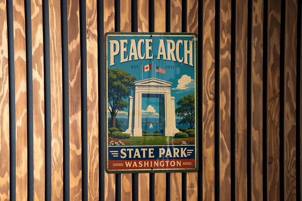 A vintage metal sign for Peace Arch State Park in Washington, featuring an illustration of the arch and surrounding landscape.