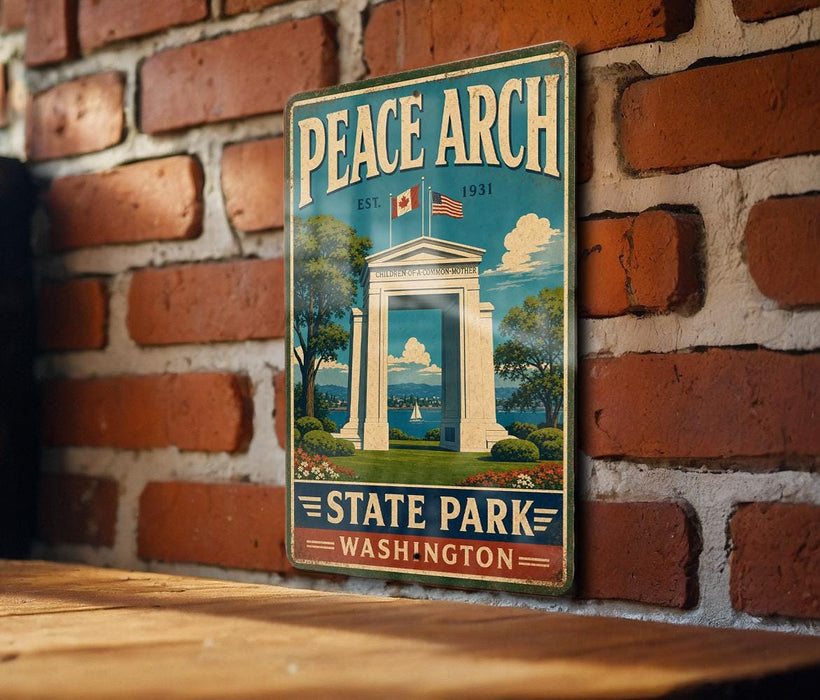 A vintage-style metal sign for Peace Arch State Park in Washington, featuring an illustration of the park's entrance and surrounding landscape.