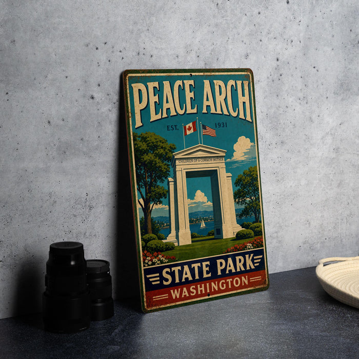 A vintage-style metal sign for Peace Arch State Park in Washington, featuring an illustration of the entrance to the park.