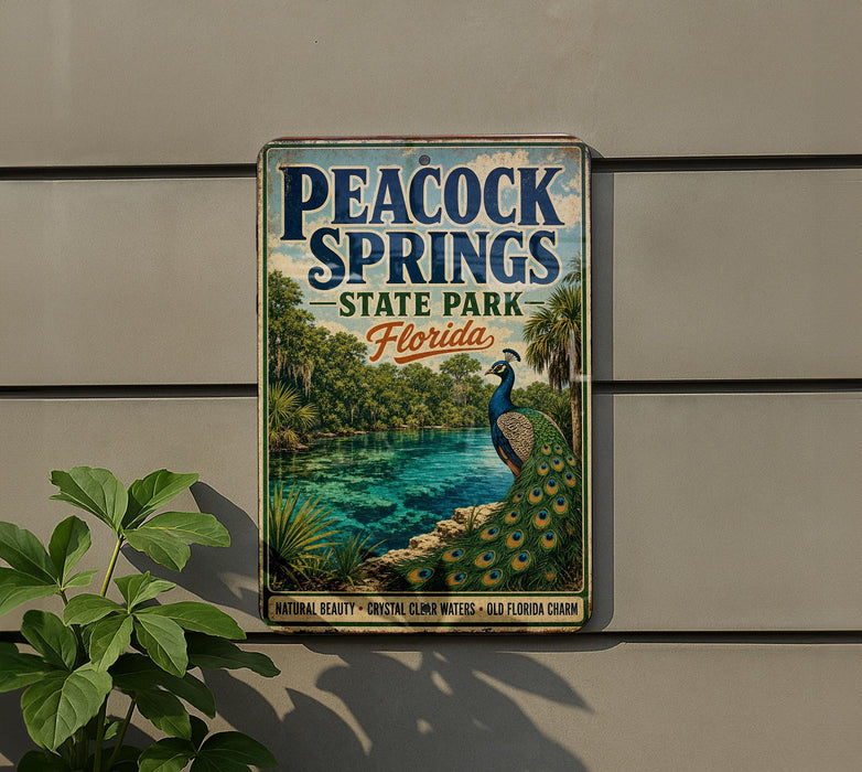 A vintage-style metal sign for the state park in Florida, featuring a peacock and a scenic landscape.