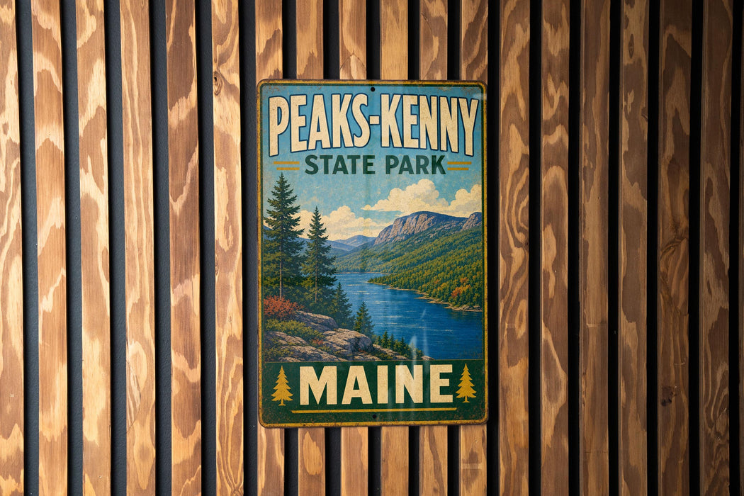 A vintage metal sign for Peaks- Kenny State Park in Maine, featuring a scenic landscape with mountains, pine trees, and a lake.