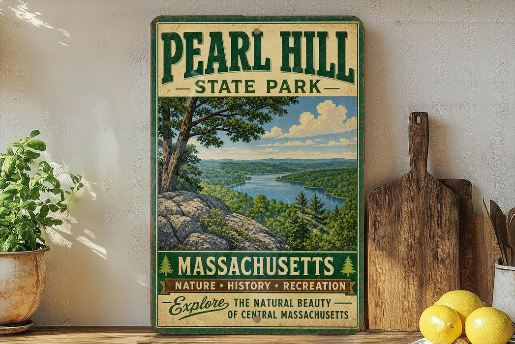 A vintage-style sign for Pearl Hill State Park in Massachusetts, featuring a scenic landscape with a river and trees.