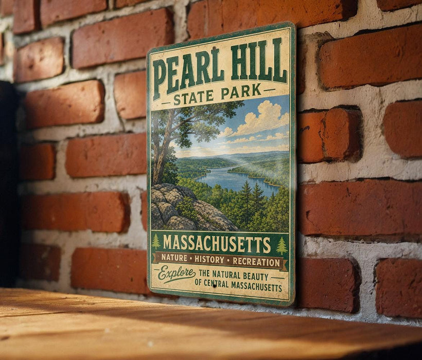 A vintage-style metal sign for Pearl Hill State Park in Massachusetts, featuring a scenic landscape with a lake and mountains.