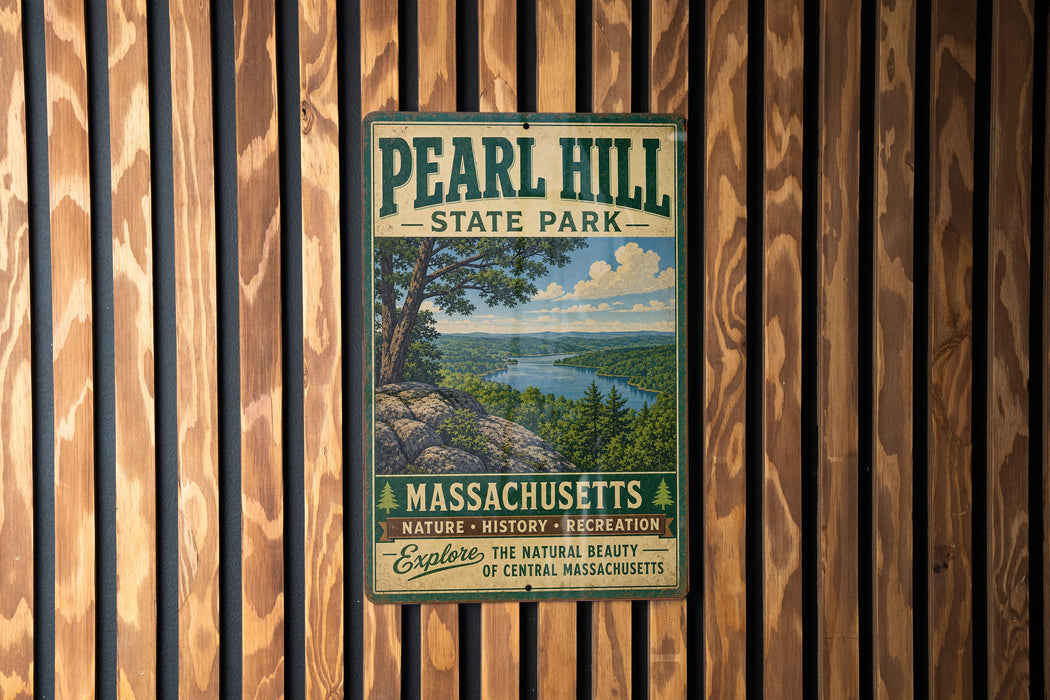 A vintage metal sign for Pearl Hill State Park in Massachusetts, featuring a scenic landscape with a lake and mountains.