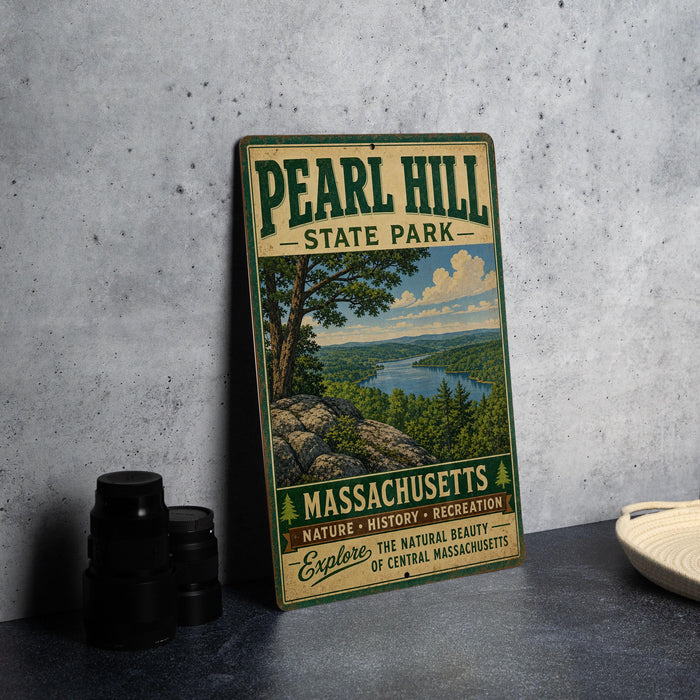 A vintage metal sign for Pearl Hill State Park, featuring a scenic landscape with a lake and mountains, is displayed on a gray concrete surface.