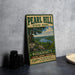A vintage metal sign for Pearl Hill State Park, featuring a scenic landscape with a lake and mountains, is displayed on a gray concrete surface.