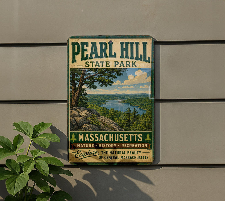 A vintage-style metal sign for Pearl Hill State Park in Massachusetts, featuring a scenic landscape with a river and trees.
