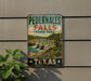 A vintage-style sign for Pedernales Falls State Park in Texas, featuring a scenic landscape with waterfalls and lush vegetation.