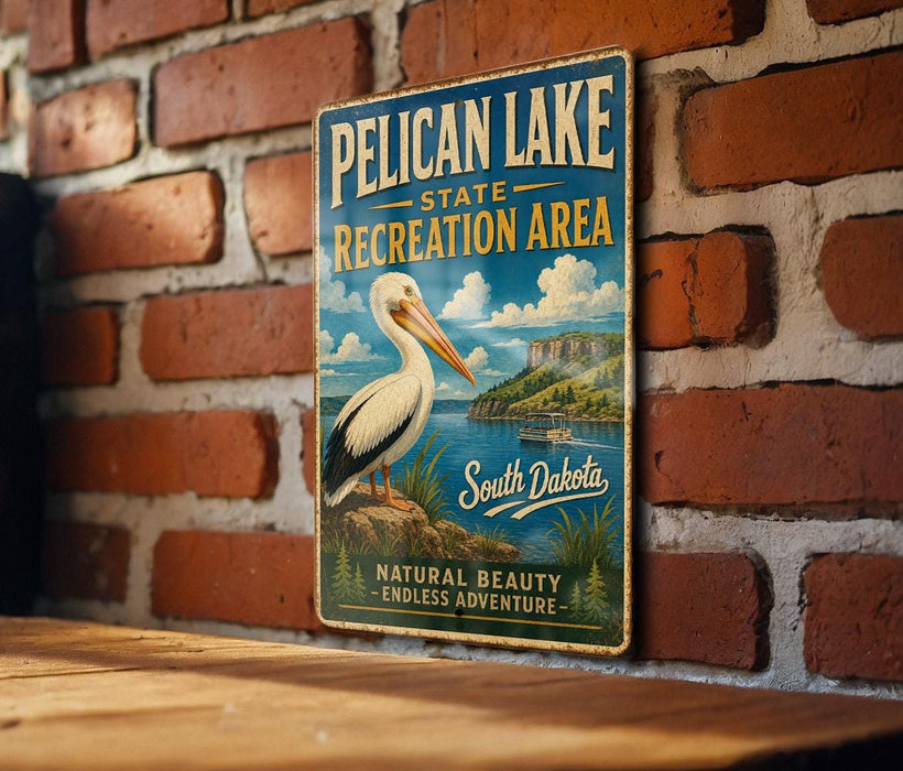 A vintage-style metal sign for Pelican Lake State Recreation Area in South Dakota, featuring a white pelican and a scenic landscape.