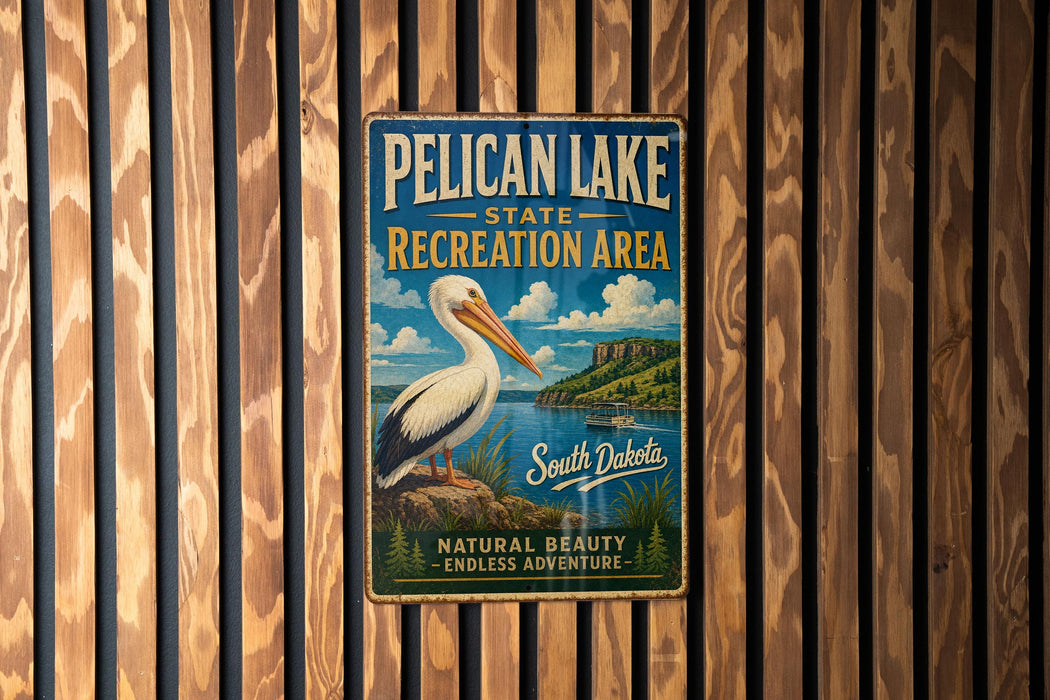 A vintage-style metal sign for Pelican Lake State Recreation Area in South Dakota, featuring a white pelican and a scenic landscape.