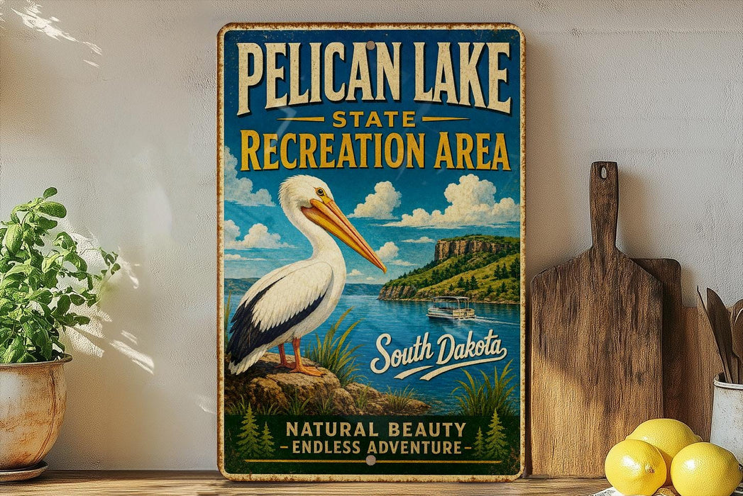 A vintage-style metal sign for Pelican Lake State Recreation Area in South Dakota, featuring a large white pelican and a scenic landscape.