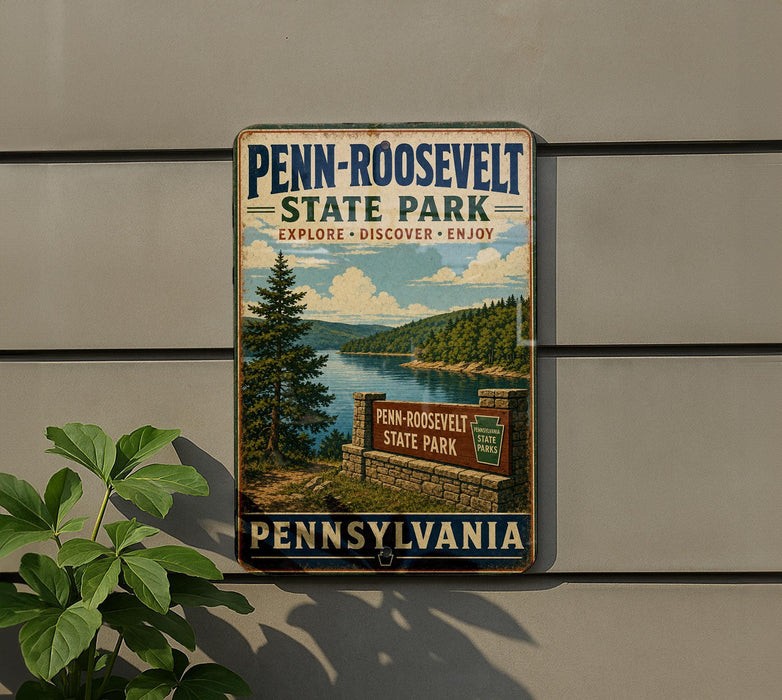 A vintage-style sign for Penn-Roosevelt State Park, featuring a scenic landscape with a lake and mountains in the background.