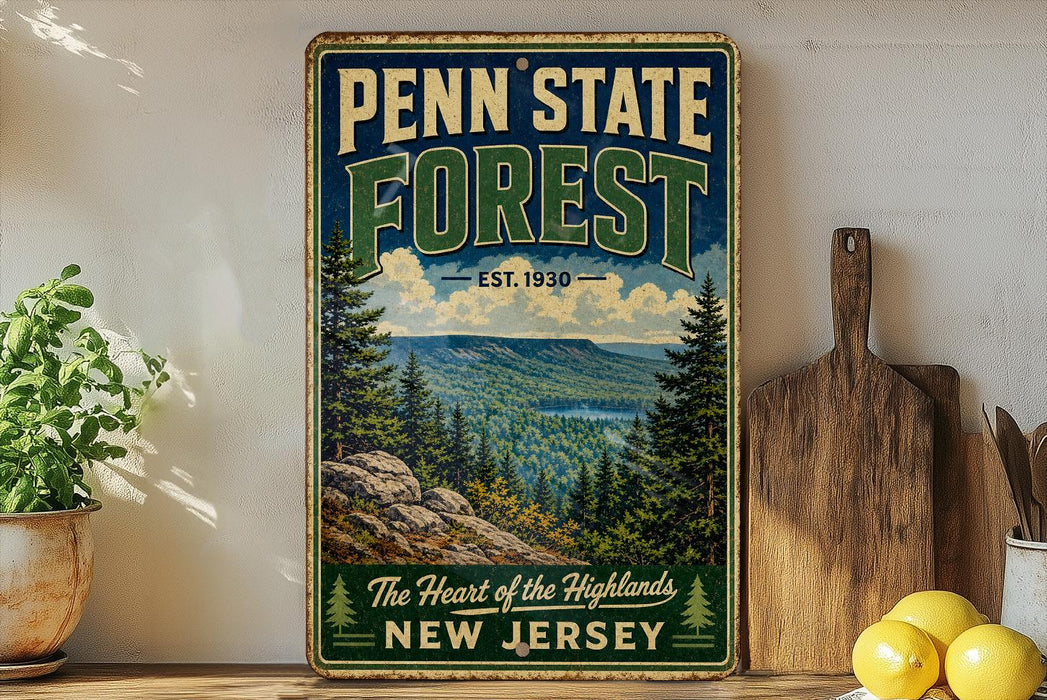 A vintage-style sign for Penn State Forest, featuring a scenic mountain landscape with pine trees and a lake, is displayed on a wooden shelf next to a potted plant and a cutting board.