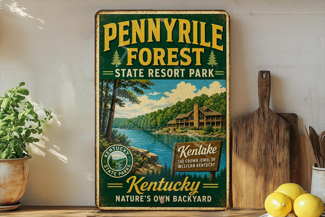 A vintage-style sign for Pennyville Forest State Resort Park in Kentucky, featuring a scenic illustration of the park's natural surroundings.