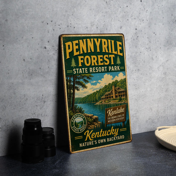 A vintage-style sign for Pennyville Forest State Resort Park in Kentucky, featuring a scenic image of the park and its surroundings.