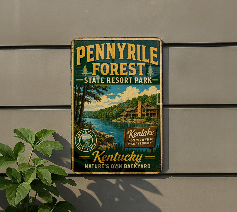 A vintage-style sign for Pennyville Forest State Resort Park, featuring a scenic image of the lake and surrounding forest.