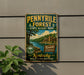 A vintage-style sign for Pennyville Forest State Resort Park, featuring a scenic image of the lake and surrounding forest.