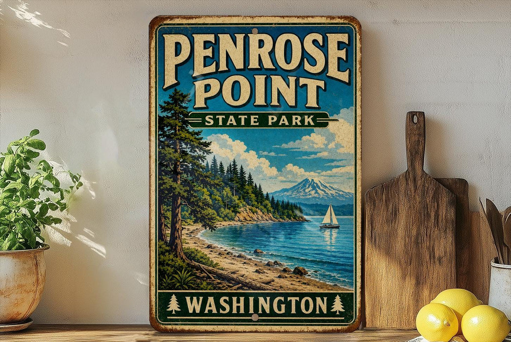 A vintage-style sign for Penrose Point State Park in Washington, featuring a scenic landscape with a mountain, pine trees, and a lake with a sailboat.