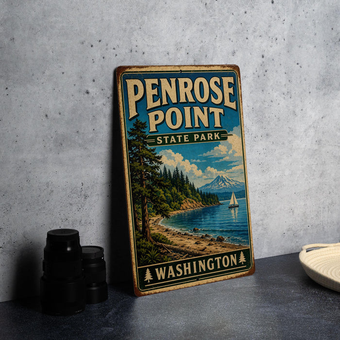 A vintage-style sign for Penrose Point State Park in Washington, featuring a scenic landscape with a mountain, trees, and a sailboat on the water.