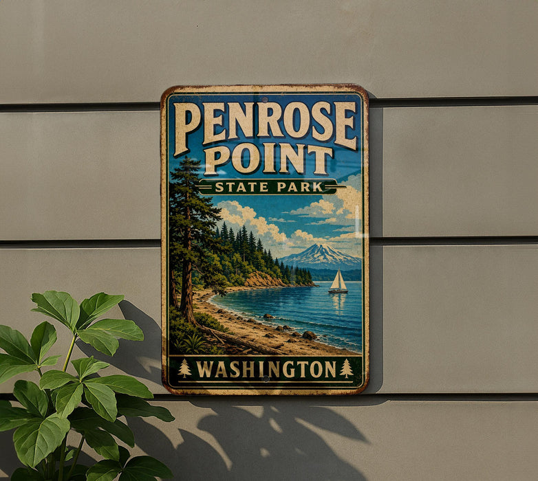 A vintage metal sign for Penrose Point State Park in Washington, featuring a scenic landscape with a mountain, pine trees, and a sailboat on the water.