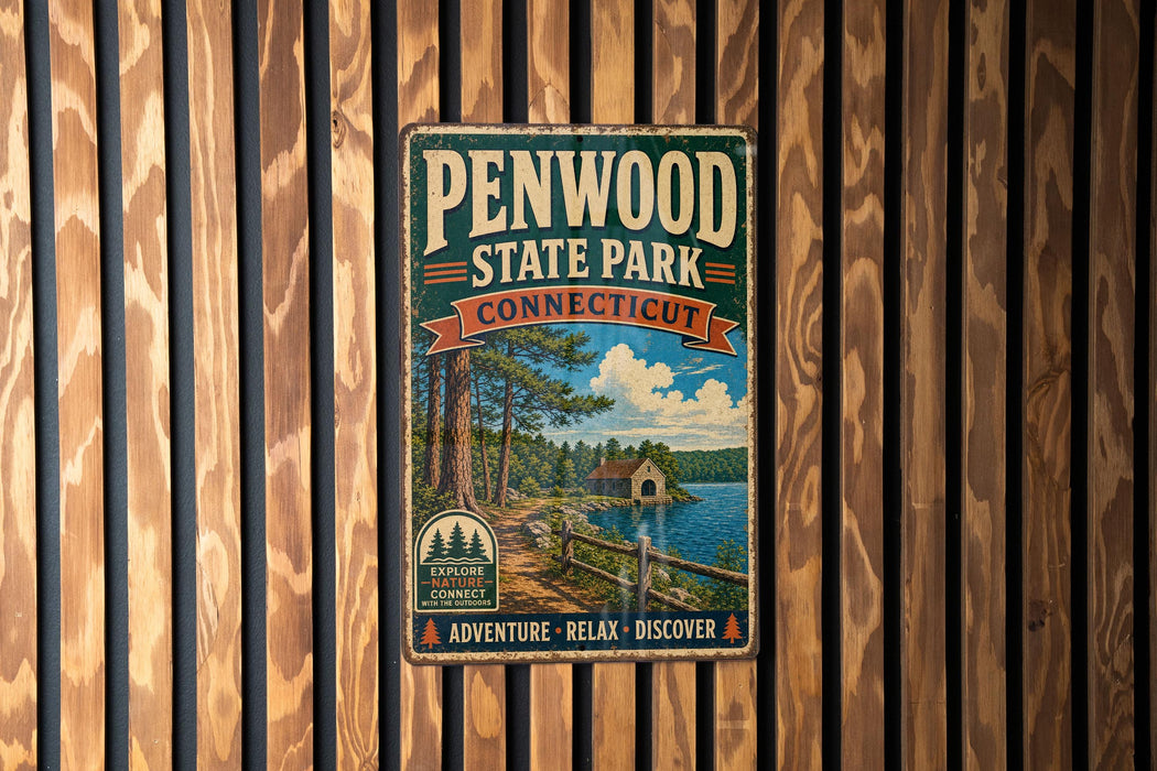 A vintage metal sign for Penwood State Park in Connecticut, featuring a scenic landscape with a lake, trees, and a cabin.