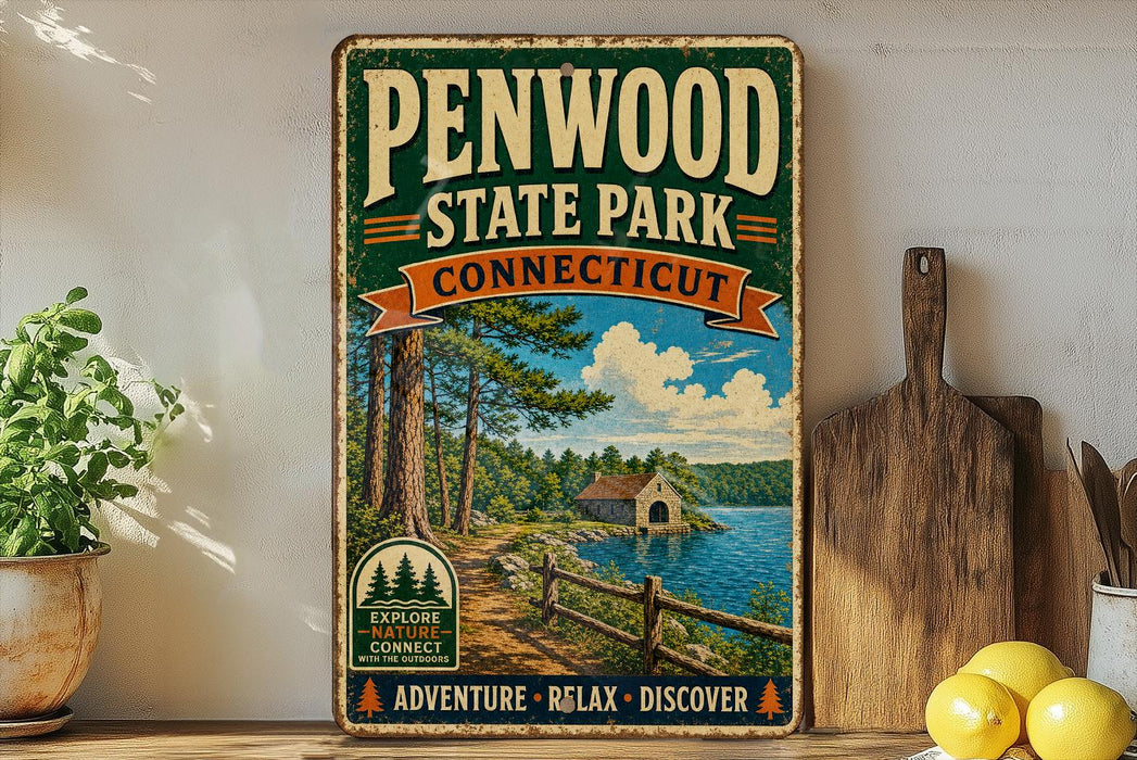A vintage-style metal sign for Penwood State Park in Connecticut, featuring a scenic illustration of a forest and a lake.