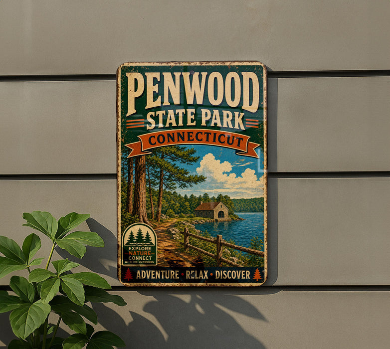 A vintage-style metal sign for Penwood State Park in Connecticut, featuring a scenic landscape with a lake, trees, and a cabin.
