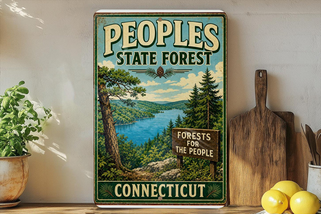 A vintage-style metal sign for the People's State Forest in Connecticut, featuring a scenic landscape with pine trees, a lake, and mountains.