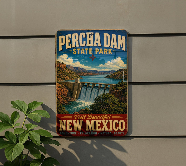 A vintage-style sign for Percha Dam State Park in New Mexico, featuring a scenic illustration of the dam and surrounding landscape.
