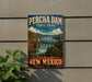A vintage-style sign for Percha Dam State Park in New Mexico, featuring a scenic illustration of the dam and surrounding landscape.