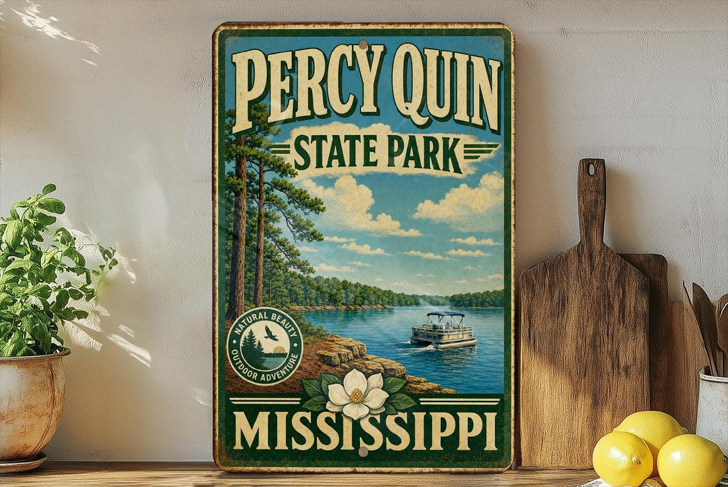 A vintage-style sign for Percy Quinn State Park in Mississippi, featuring a scenic image of a lake with a boat and pine trees.