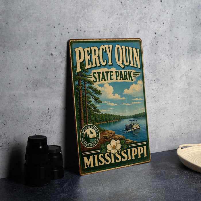 A vintage-style metal sign for Perry Quinn State Park in Mississippi, featuring a scenic landscape with a lake, trees, and a boat.