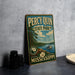 A vintage-style metal sign for Perry Quinn State Park in Mississippi, featuring a scenic landscape with a lake, trees, and a boat.