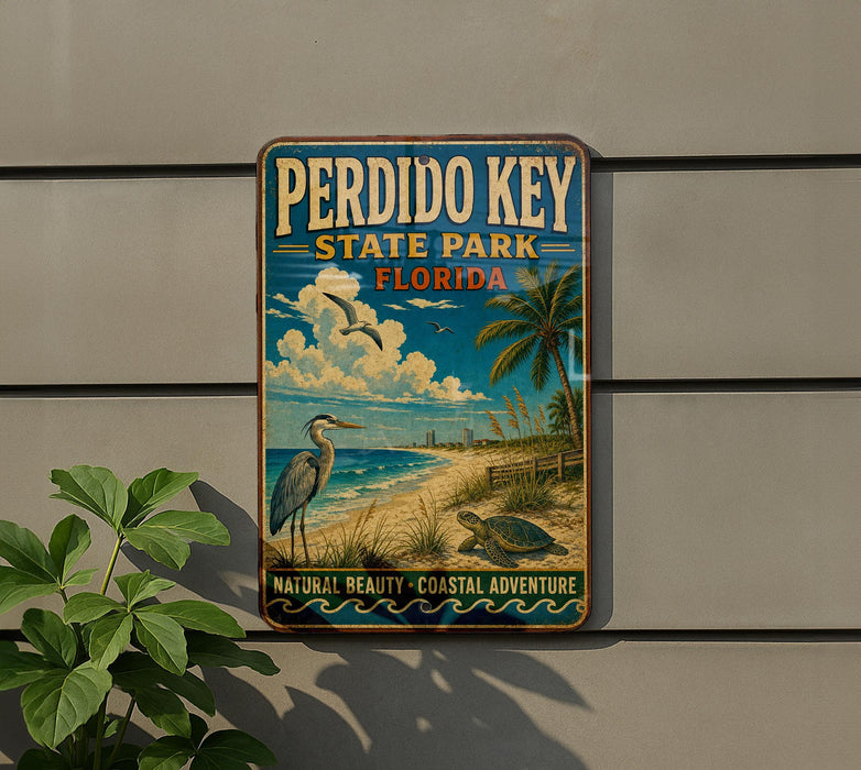 A vintage-style sign for Perdido Key State Park, Florida, featuring a beach scene with a heron, palm trees, and a bird.